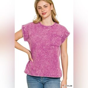Zenana Full Size Crinkle Washed Round Neck Folded Short Sleeve Tee Plus Size
